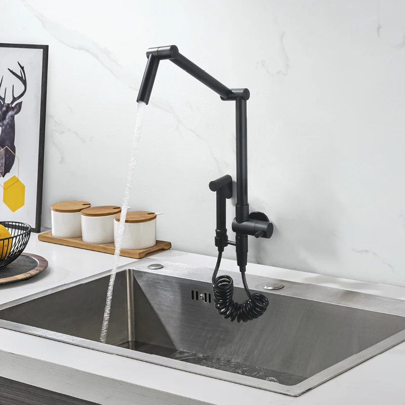 

Kitchen Sink Faucet with Sprayer Wall Mounted Single Cold Folding Sink Faucet One Handle Kitchen Vessel Sink Faucets Black