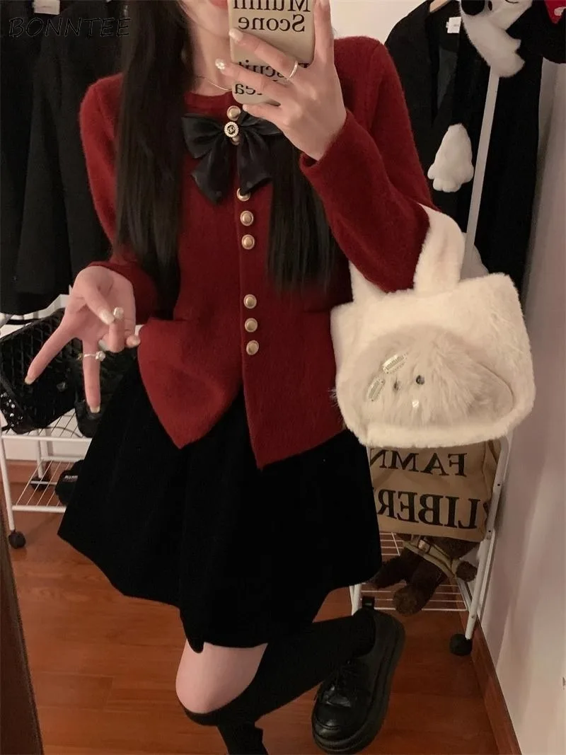 

Cardigan Women Knitted Ins Single Breasted All-match Korean Fashion Elegant Chic Sweaters Autumn Bow Design Outwear Trendy Cozy