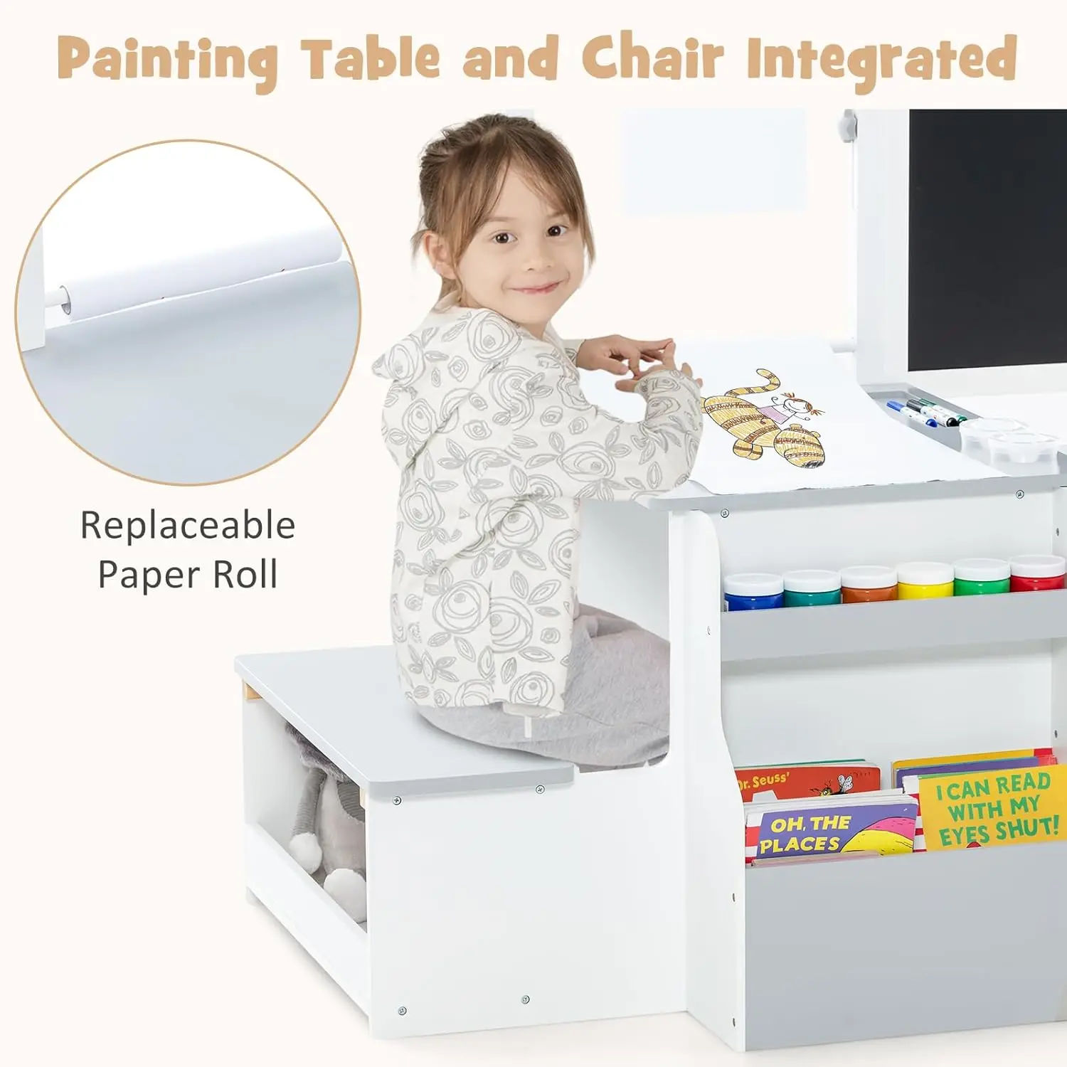 Infans 3 In 1 Kids Art Table And Chair Set, Toddler Craft And Play Wood Activity Desk With Double-Sided Easel Blackboard