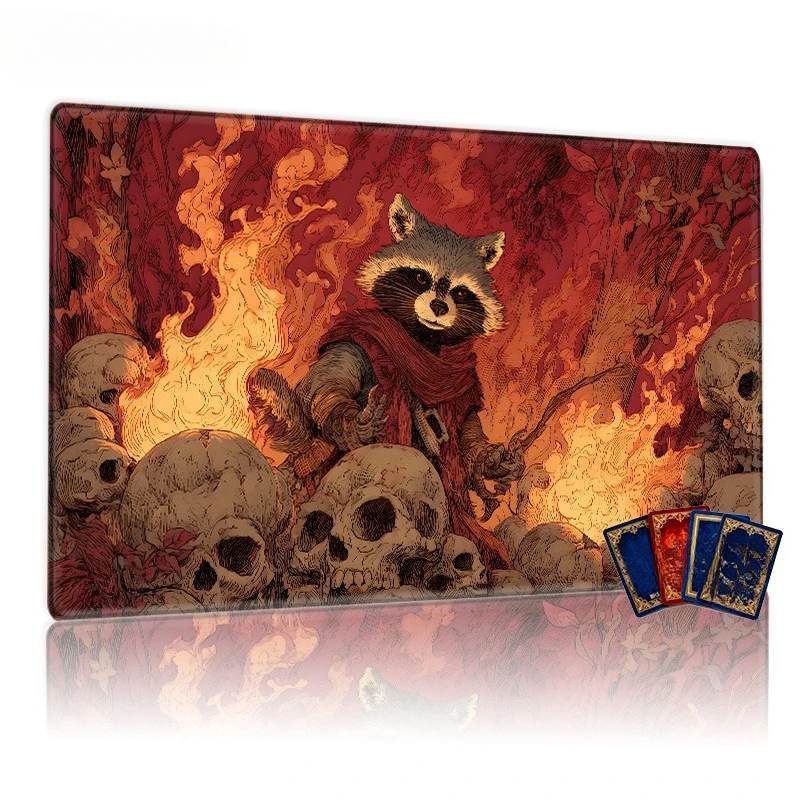 Hybrid human-beast raccoon on the Hellfire and Skulls TCG game mat, Gothic macabre design game mat suitable for collectible card