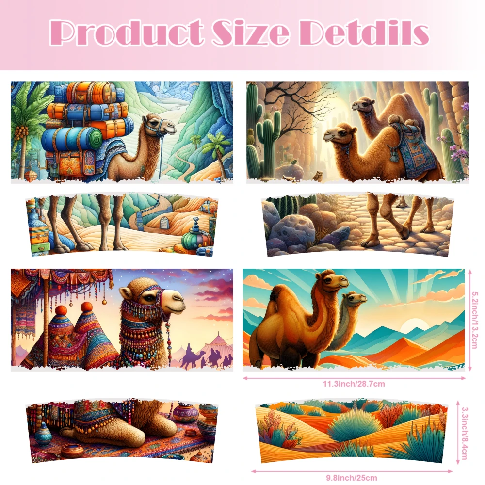 4 Sheets Camel Desert Landscape Mountain Sunset Cactus Palm Tree Caravan Tent Pattern UV DTF Stickers for 40oz Tumblers