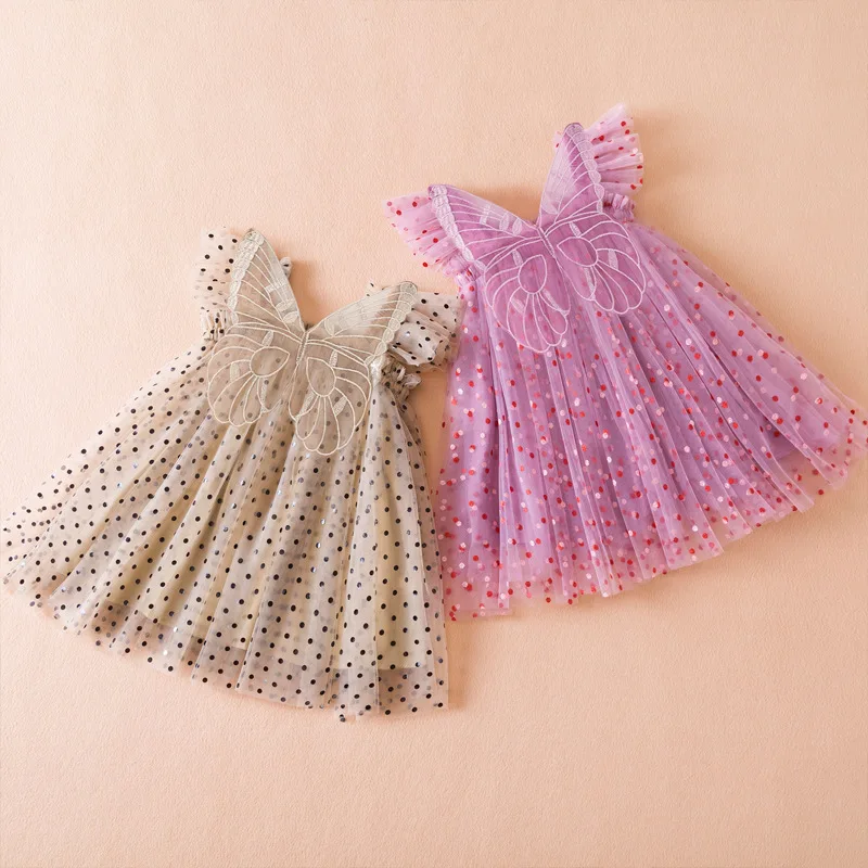 

Children's dress Girls' dress Flying Sleeve Polka dot mesh Princess dress Cute three-dimensional butterfly fairy dress
