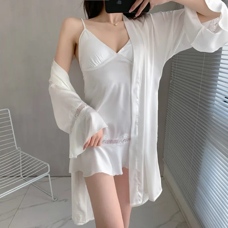 Mechcitiz 2021 sexy sleepwear seda robe & vestido conjuntos acolchoados senhora femme nighties conjuntos de pijamas de cetim verão casa wear lingerie terno