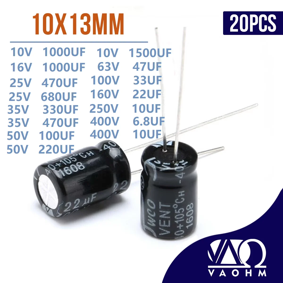20PCS 6.8uF 10UF 22UF 33UF 47UF 63V 100V 160V 250V 400V Aluminum Electrolytic Capacitor 10X13MM