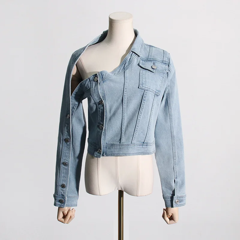 Women Jeans Jacket New  American Vintage Washed Aged Strapless Design Denim Jacket  Niche Design Coat Women Jackets for Women