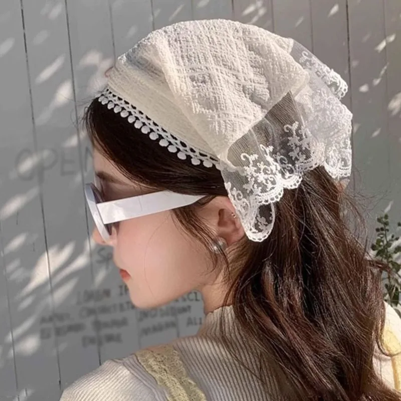 

Summer Lace Triangle Headscarf Woman Sweet Lace Square Scarf Cute Fashion Hairbands Female Hair Band Hoop Travel Headwear