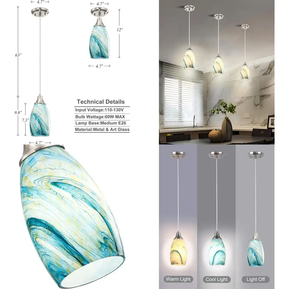 

Современные подвесные светильники для кухонного острова с отделкой из матового никеля, плафонами из художественного стекла, сине-желтый микс, для столешницы или обеденной зоны.