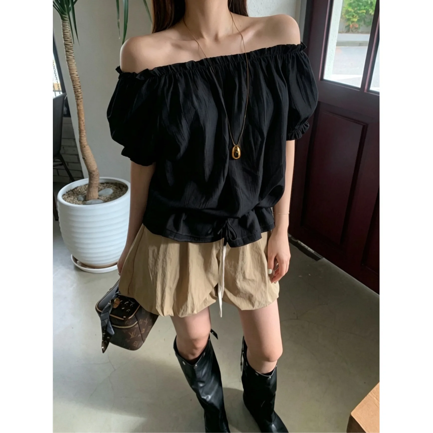 Slimming Effect Short Sleeve Drawstring Shoulder Bared Elastic Collar Versatile Shirt Skin Friendly Breathable Summer New Arr...