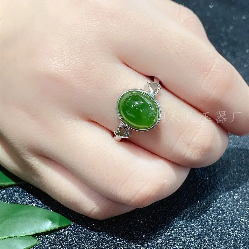 S925 Silver Ring With Natural Hetian Jade In , Bright Green Heart Shape