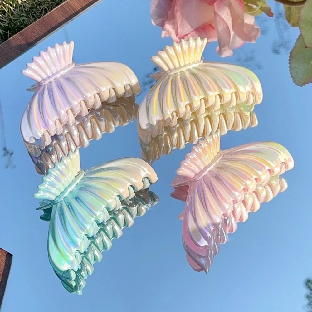 Multi-Purpose Holiday Hair Clip Large Iridescent Frangipani Bow Updo Claw for Women Beach Wedding Day to Night Use