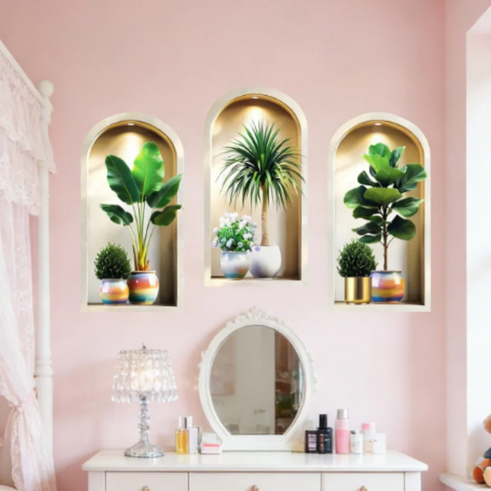 3PCS 3D Potted Plants Wall Stickers Green for Indoor Wall Decor Kitchen BedFor Room Office 30x60cm 40x80cm PVC Material