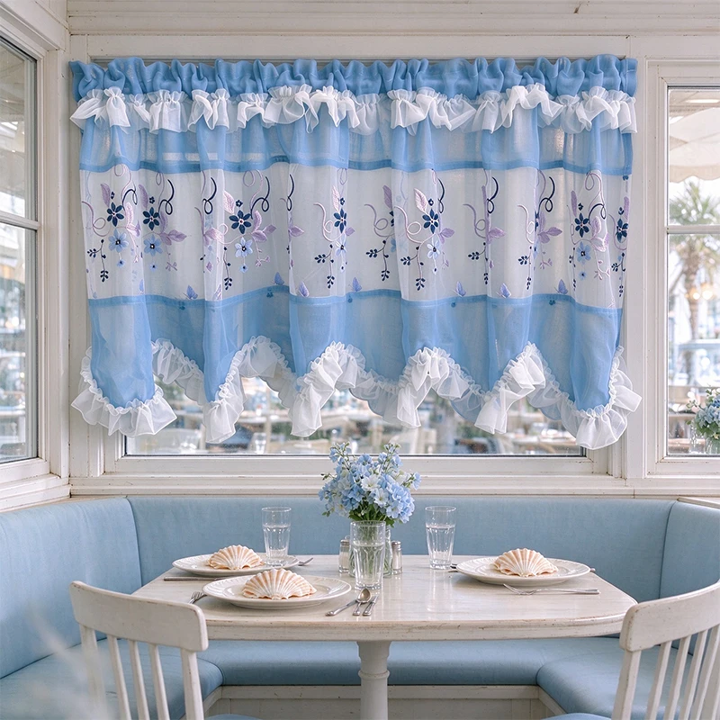1pc Healing Blue Pearl Voile Floral Embroidered Cafe Curtain, Spliced Blue Pearl Mesh Sheer, White Ruffle Scalloped Short Drape