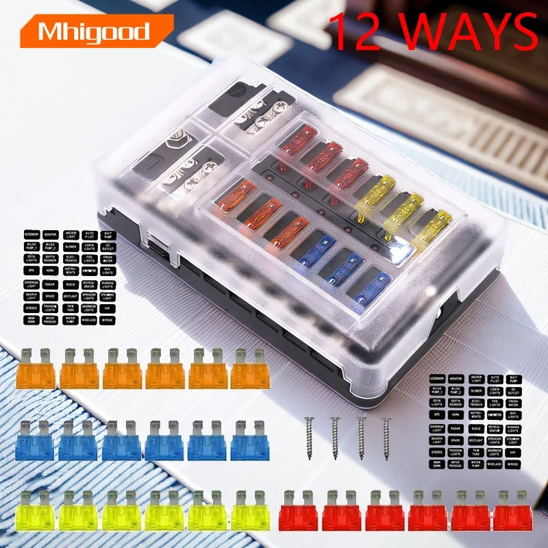 12 Way Fuse Box 12V/24V Car Truck Boat Marine Bus RV Van Blade Fuse Box Holder Block