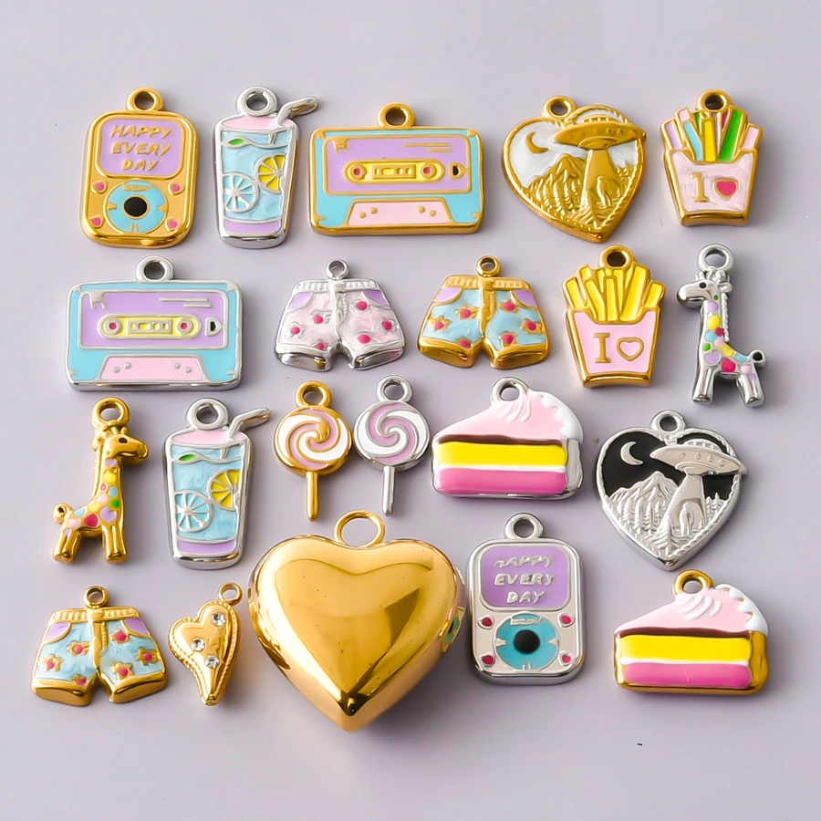 3/6Pcs Stainless Steel Sweet Cake Drinks Pendant DIY Bracelet Material Enamel French Fries Candy Lollipop Bedels Jewelry Making