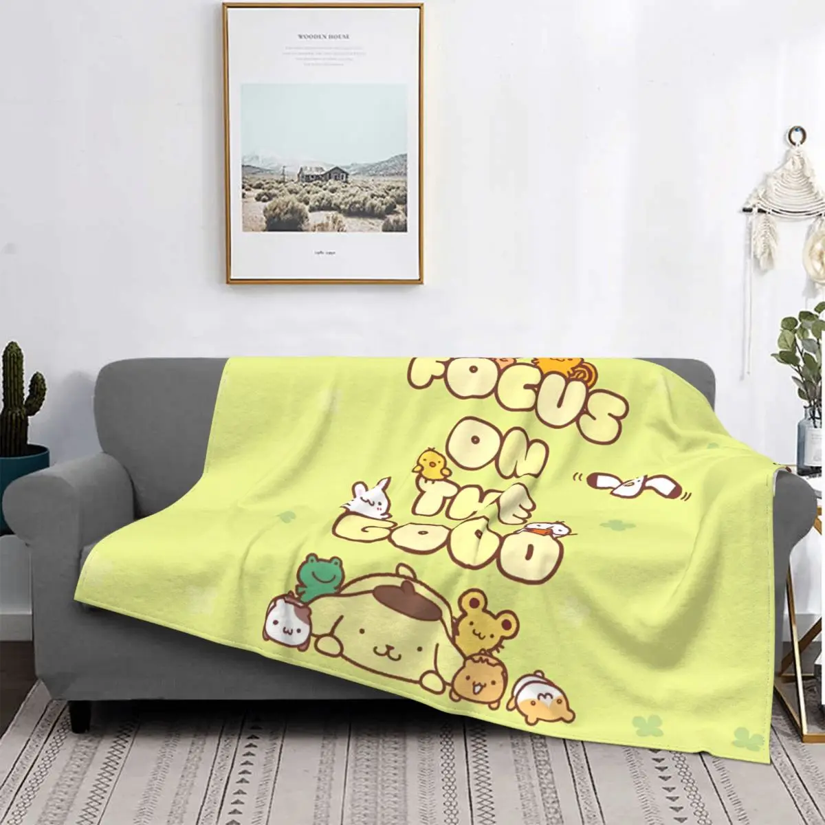 Pompompurin Focus On The Good Flannel Blankets Cute Kawaii Cartoon Throw Blankets for Sofa Bedding Lounge 150*125cm Bedspread