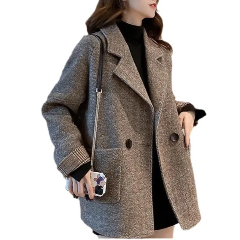 Suit Jacket Thickened Women's Autumn Winter 2024 New Korean Style British Style Woolen Loose Casual Small Suit Top