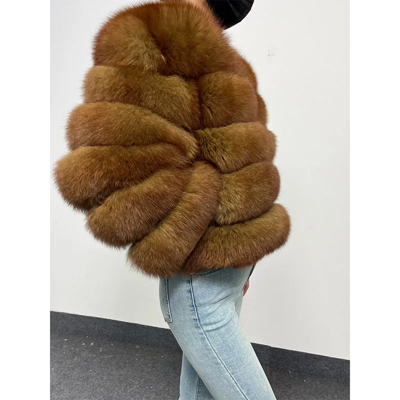 2024 Brown Natural Real Fox Fur Coat Women Winter Warm Luxury Fur Jacket Detachable Long Sleeve Female Vest Furry Coats clothing