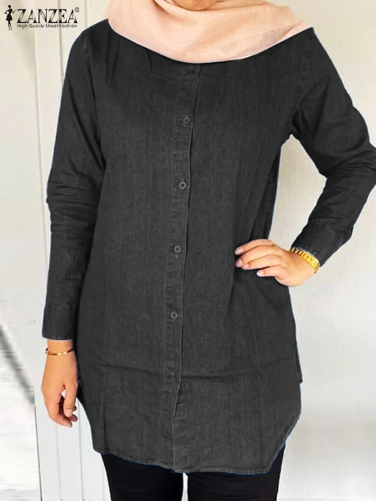 

Spring Elegant Solid Muslim Blouse Fashion Dubai Turkey Abaya Hijab Tops 2024 ZANZEA Women Vintage Long Sleeve Denim Blue Shirt