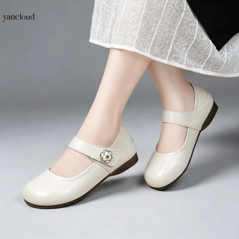 Plus Size 35-42 Breathable Comfortable Genuine Leather Shoes Women Flats 2026 Spring Autumn Mary Janes for Office Casual Mom