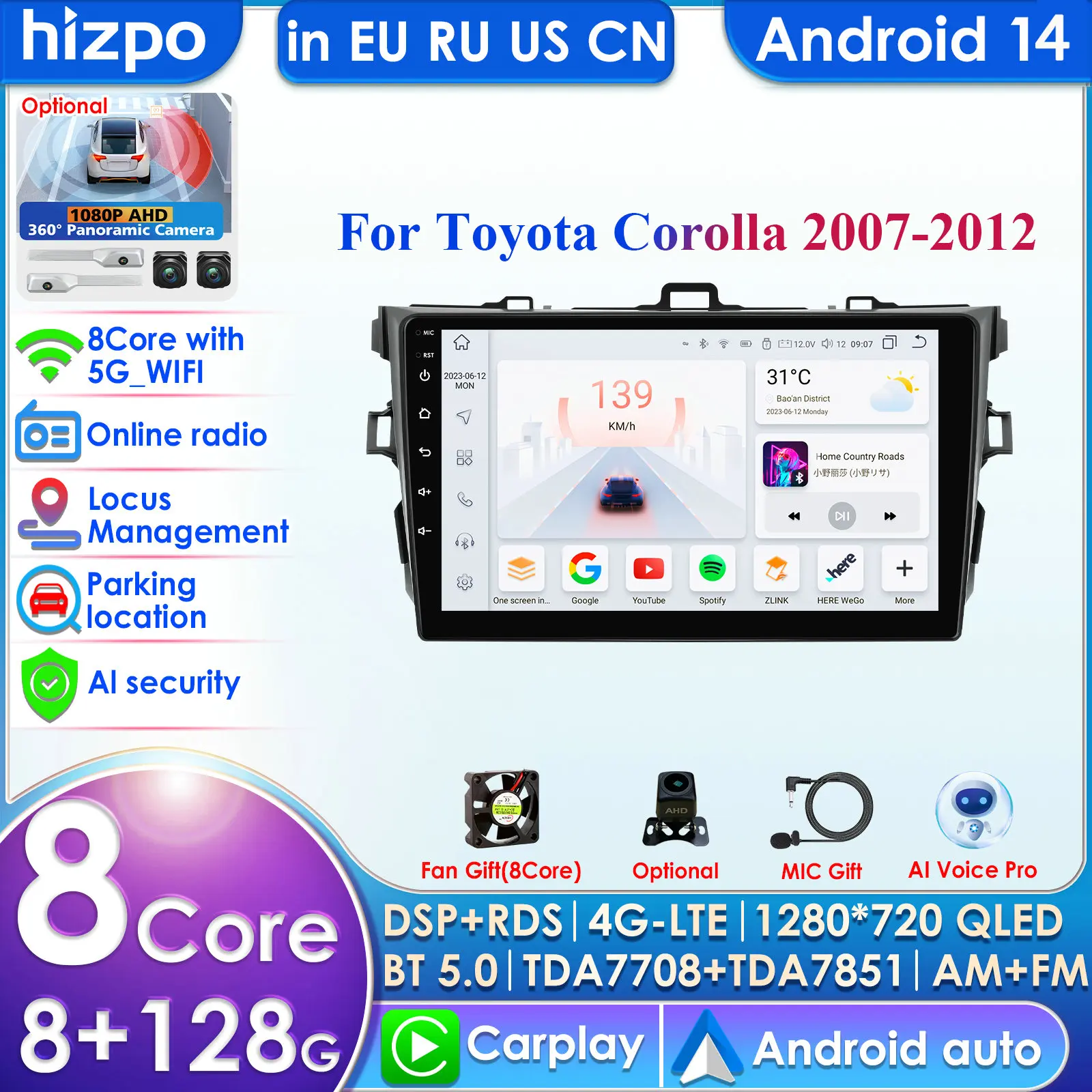 

Android 14 2Din автомобильное радио для Toyota Corolla 2007-2011, мультимедийный видеоплеер, навигация, стерео головное устройство Carplay, 9 дюймов, авторадио