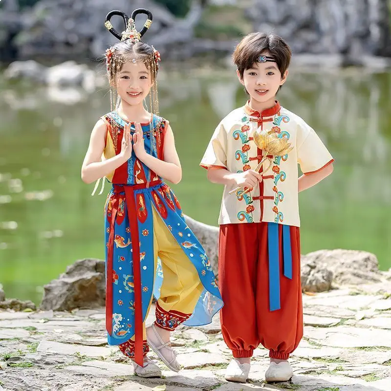 Summer Girls Hanfu Dress Dunhuang Print Performance Costume Tang Suit
