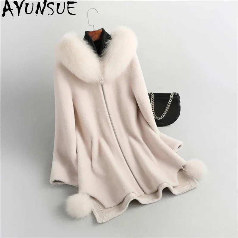 

100% AYUNSUE Wool Jacket for Women 2024 Fall Winter Mid-length Hooded Fur Coat Luxury Fox Collar Elegant Outerwears Casaco