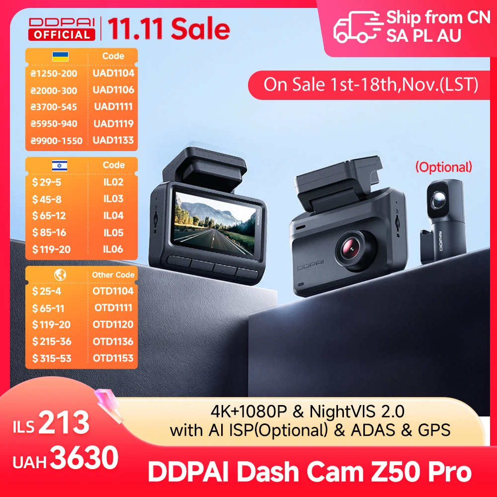 DDPAI Dash Cam Z50 Pro 4K HDR + 1080P Car DVR Night Vision Wi-Fi 6 GPS ADAS 24h Parking Monitor Front and Rear Camera Dashcam