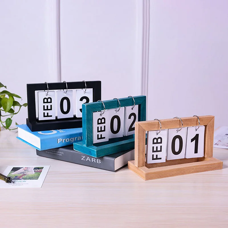 Wooden Perpetual Calendar Flip Month Date Display Desktop Schedule Daily Planner Office Home Decoration Photography Props Gifts