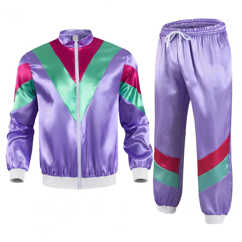 80s Women Tracksuit Set Retro Hip Hop Disco Outfit Color Block Jacket Elastic Waist Pants Set Casual Sportswear
