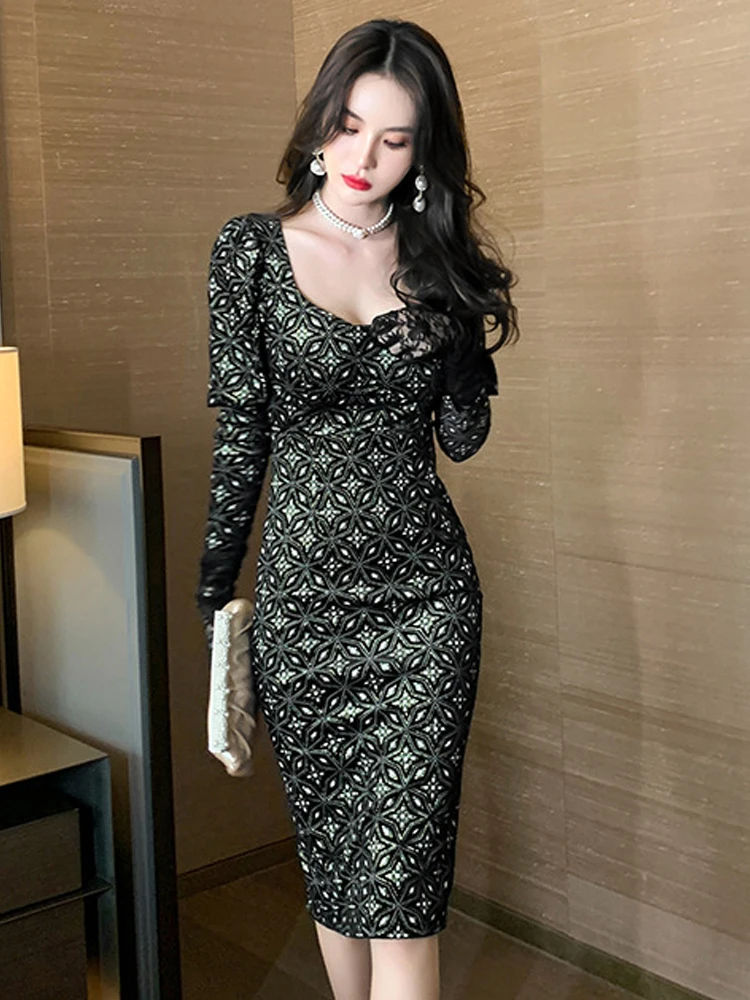 Spring Midi Dresses for Women 2023 Elegant Luxury Sexy Retro Gold Print Velvet Midi Bodycone Slit Robe Femme Party Club Vestido