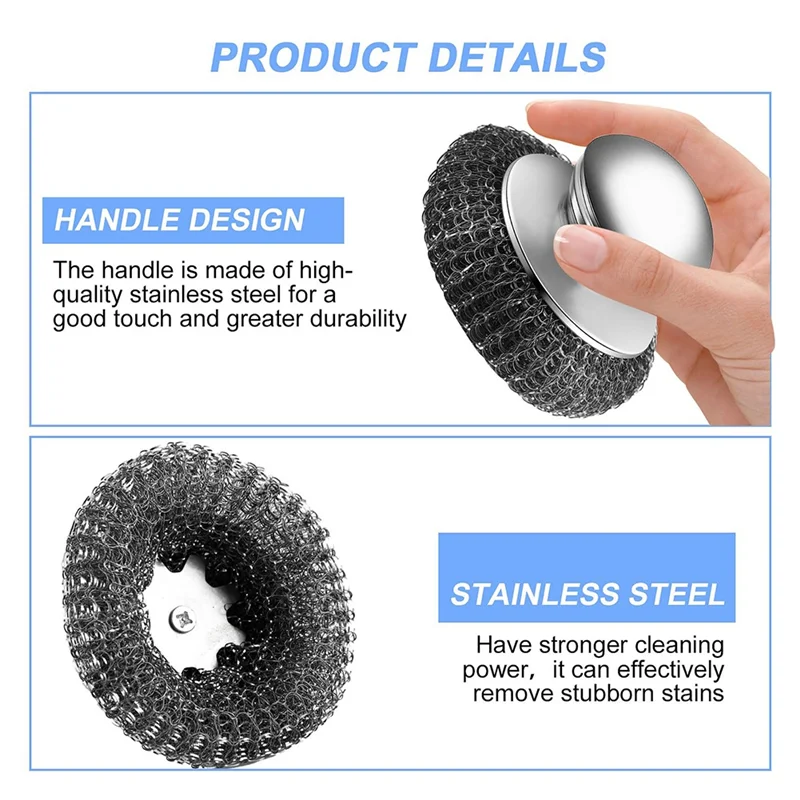 

A67P-2Pcs Скруббер из нержавеющей стали с ручкой, 4 сменных скруббера, для чистки чугуна, посуды, кухонных кастрюль, грилей
