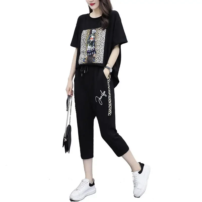 Sports Suit For Women Summer Two Piece Set 2023 New Female Pants Two Piece Set Ladies Casual Sportswear Suit Short Sleeve 2PCS