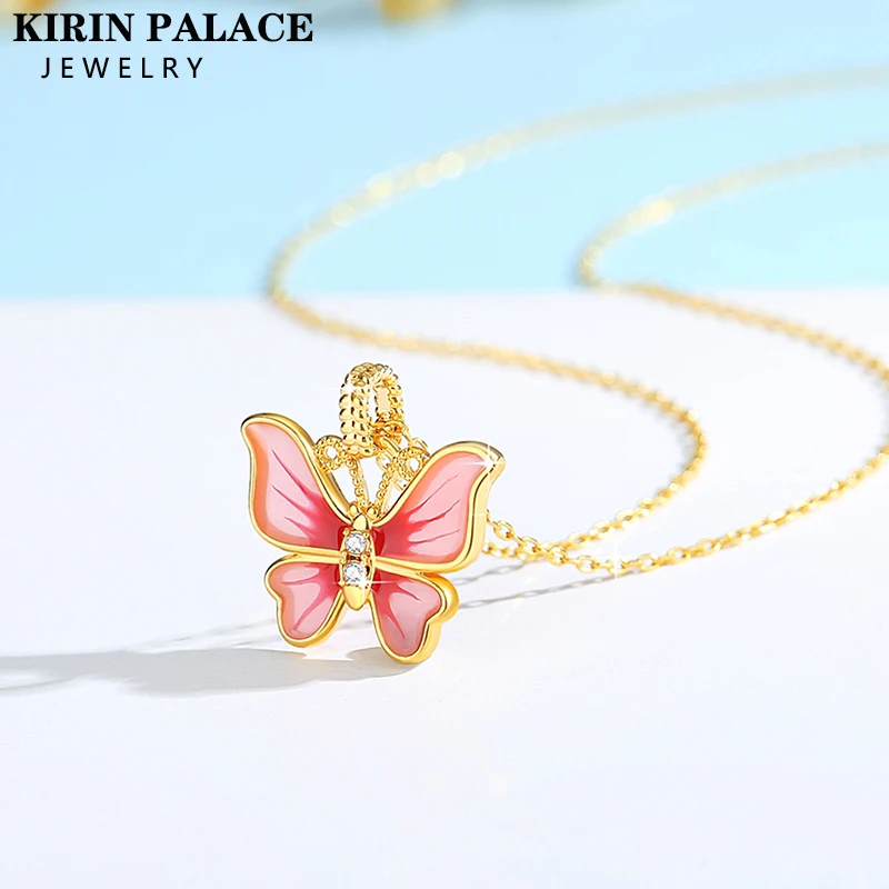 Original Design 18K Gold Enamel Cloorful Pendant with Certificate for Women AU750 Butterfly Necklace Anniversary Gift Jewelry