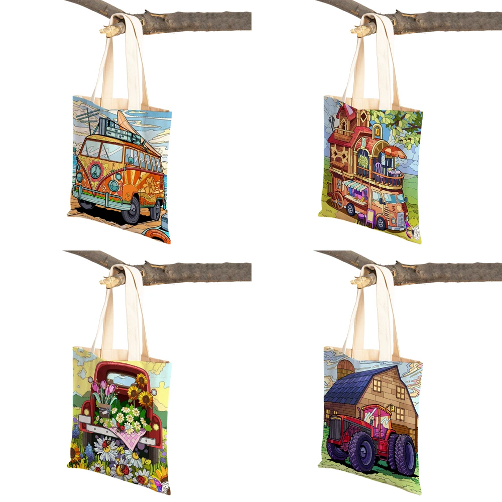 Fashion Happy Camper Art Cartoon House Tote Handbag for Women Casual  Both Sides Colorful Travel Car Lady Canvas Shopping Bag