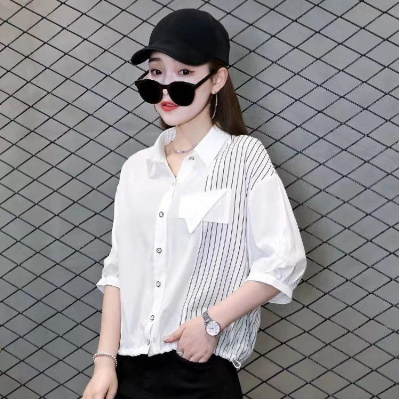 

Women's Striped Patchwork Short Sleeve Shirt Summer 2026 New Arrival Loose Fit Cropped Length Chic Casual