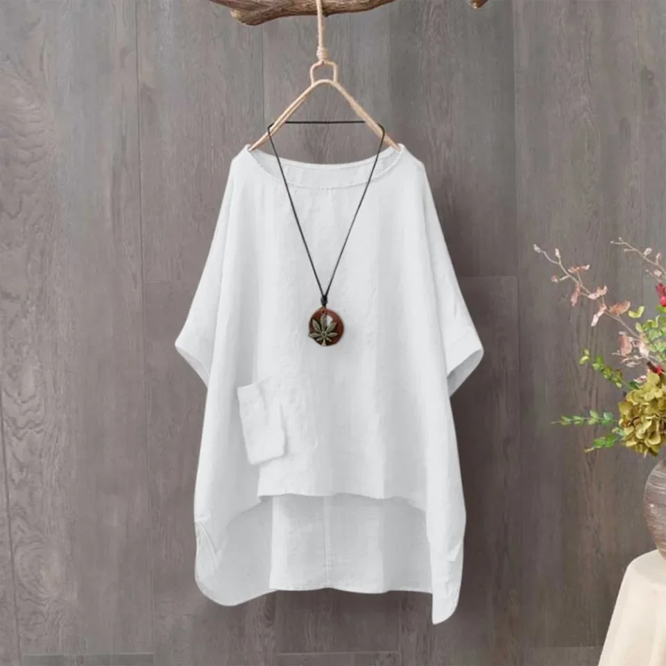 

Summer Casual Cotton Linen Shirt Solid Large Round Neck Half Sleeve Patch Pocket High Low Hem Blouse For Women camisas e blusas