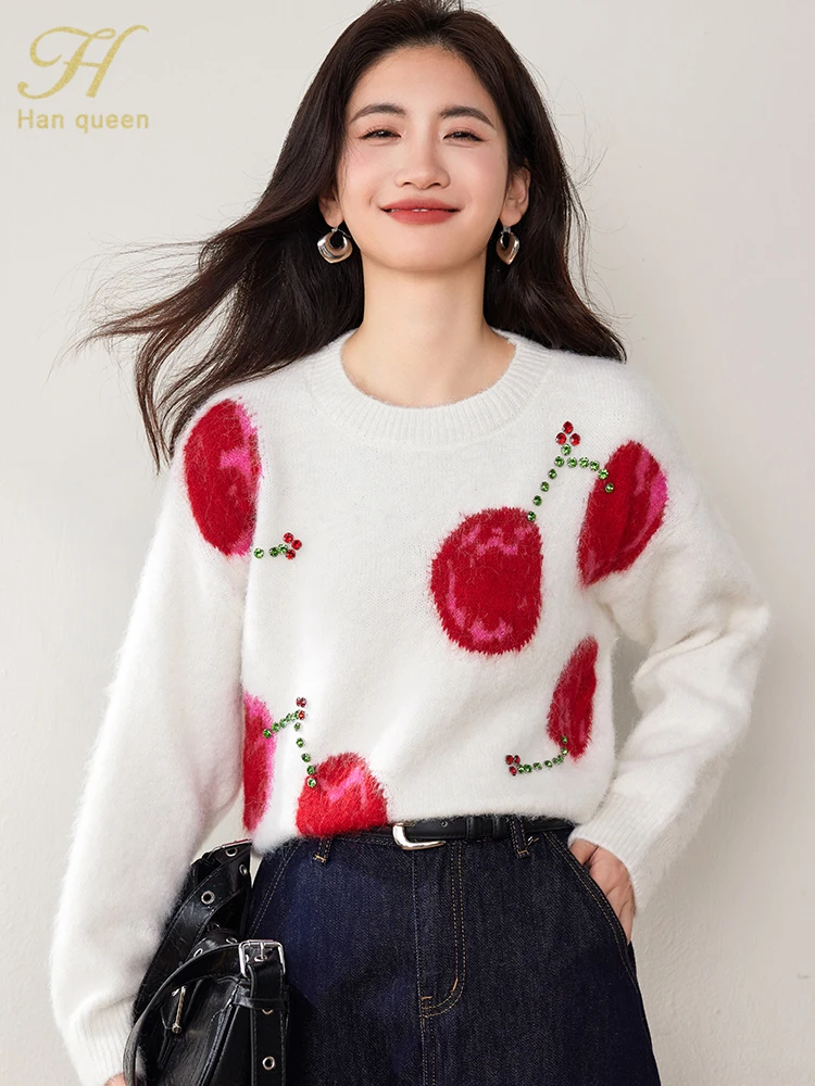 H Han Queen 2024 New Christmas Sweater Female Clothing Knitwears Diamond Studded Lazy Style Loose Casual Tops Loose Pullovers