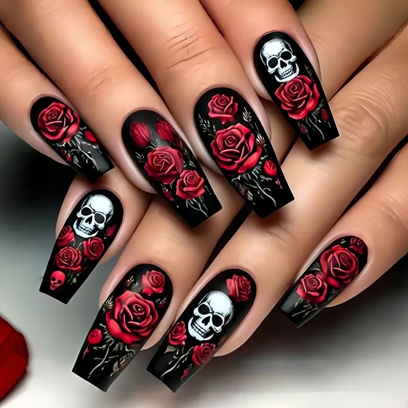 

24 Halloween Nail Art Medium-Length Ballet Nails Press Ons with Design Red Rose Skullpcs False Nails for Girls Paste Nails 2025