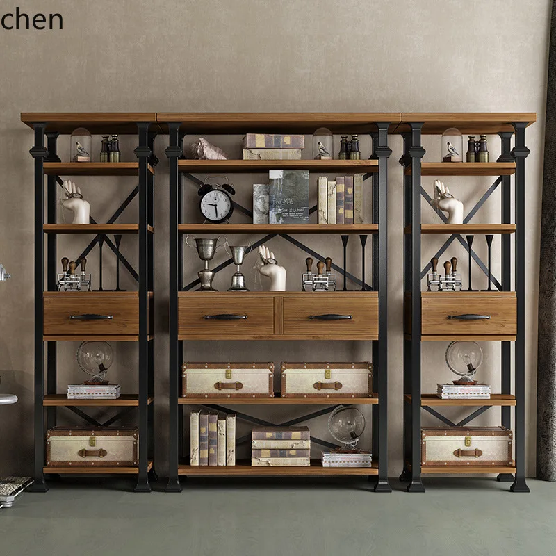 ZML Solid Wood Storage Rack Home Wall-Mounted Multi-Layer Iron Art Bookshelf Office with Drawers Floor Bookshelf