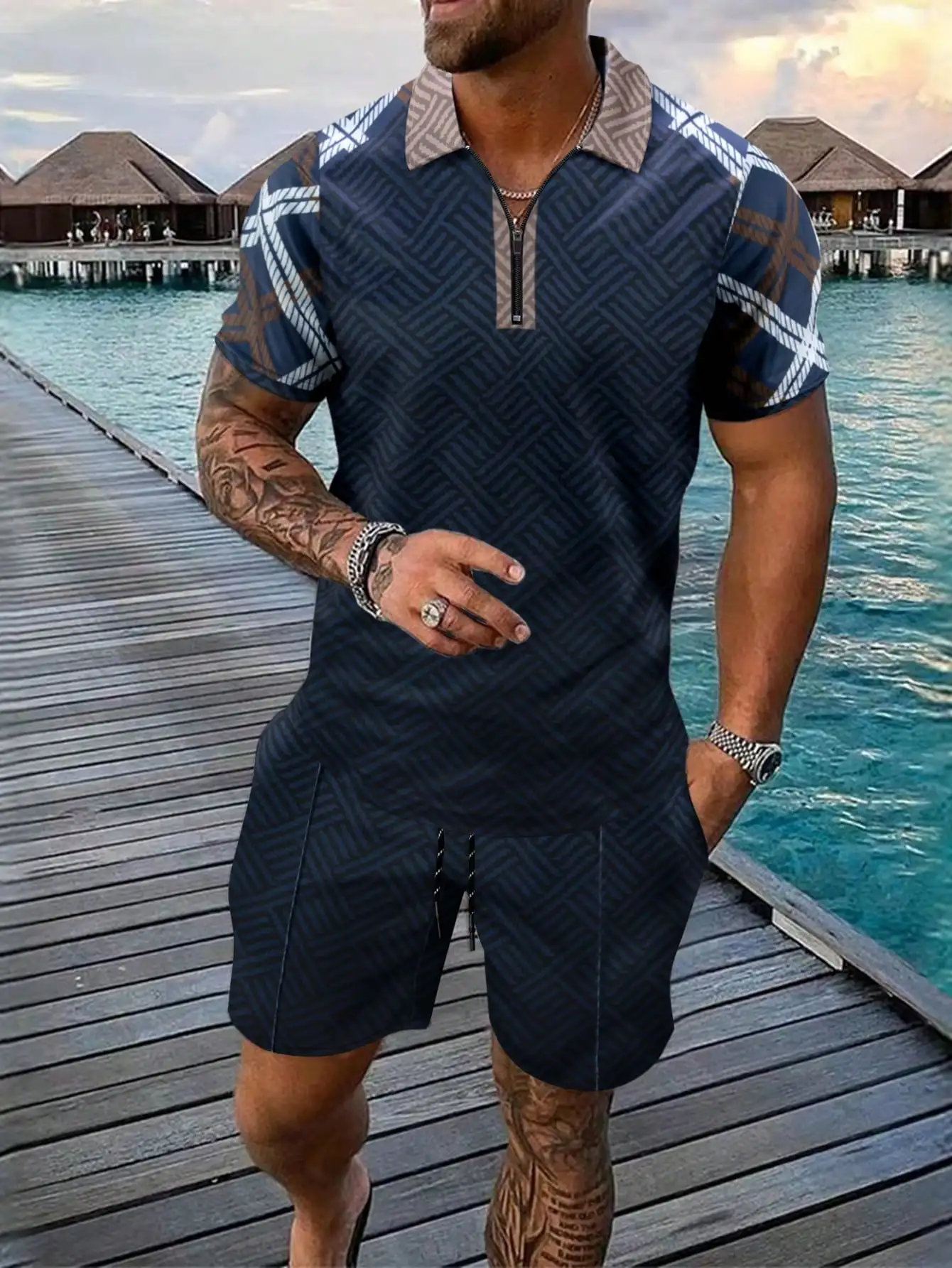 

Men's 2-Piece Summer Set: Geometric Print Zipper Polo Shirt & Matching Shorts