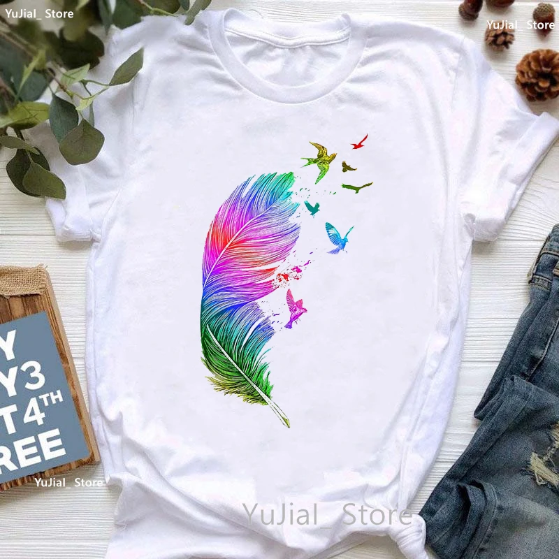 Aquarel Vogel En Feather Print T Shirt Vrouwen Kleding Zomer Mode Tops Tee Shirt Femme Esthetische Art T-shirt Vrouwelijke