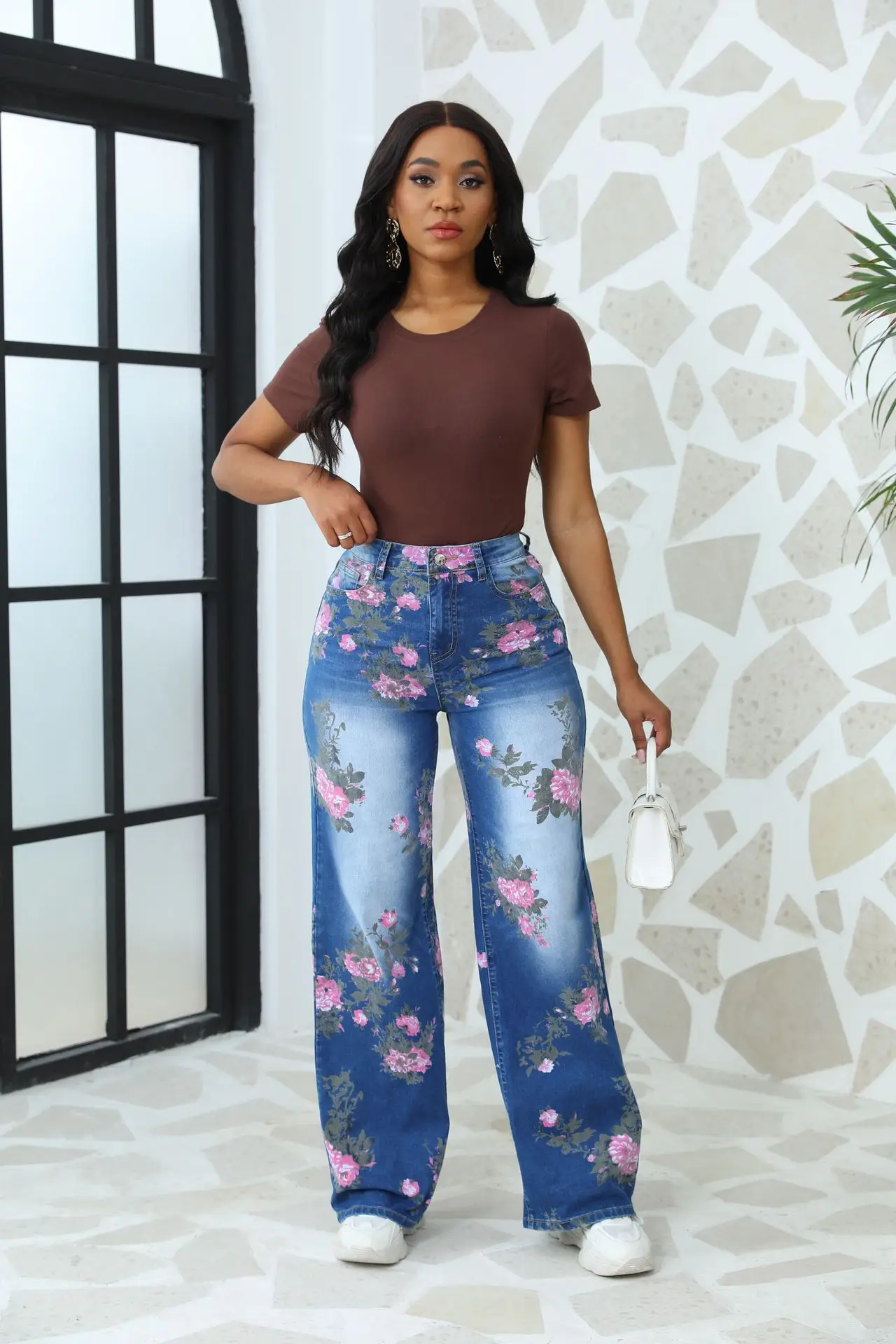 2024 Autumn New Women\'s High Waist Floral Pattern Jeans Fashionable Stretch Loose Denim Wide Leg Pants