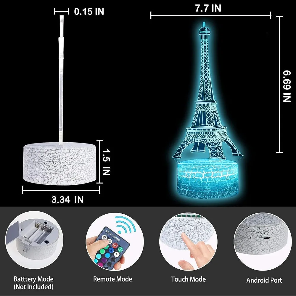 Nighdn-Tour Eiffel 3D LED Lampe de Table, Veilleuse, Icide Optique, 7 Couleurs, Décoration de Chambre, Cadeaux d'Anniversaire et de Noël pour Enfants