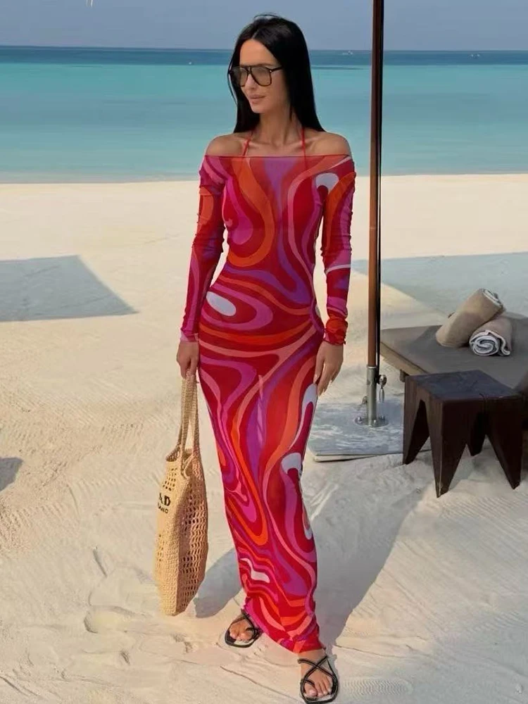 Designer Retro Geometric Print Knitted Mesh Sexy See-through Dress 2026 Summer Women's Vacation Stretch Tight Hip Cover Skirt