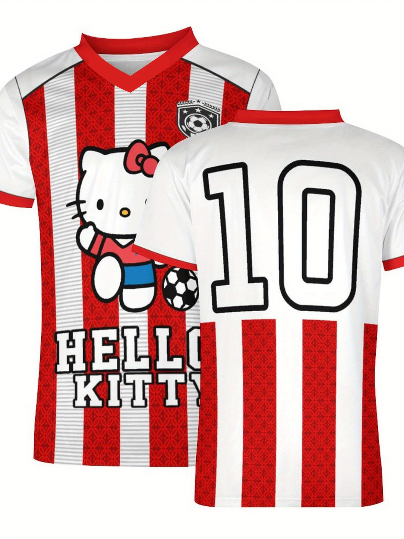 مينيسو سانليو نيو هالو كيتي # 10 بدلة تدريب كرة القدم الصيفية الخارجية المطبوعة، سرعة قابلة للتنفس، تي شيرت كبير برقبة على شكل حرف V #2
