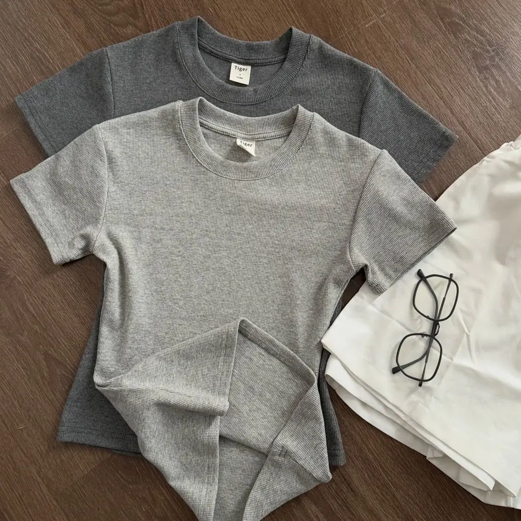 

Gray Off-Shoulder Short T-Shirt For Women Spring Summer New Slim Fit Top Hot Girl Waist-Cinching Slimming Base Shirt