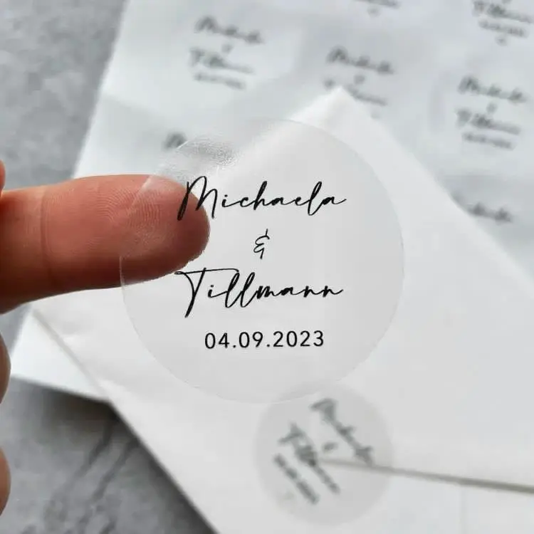 Pegatina transparente personalizada, etiqueta de agradecimiento, texto de nombre de boda, logotipo de marca, impresión para paquete de negocios