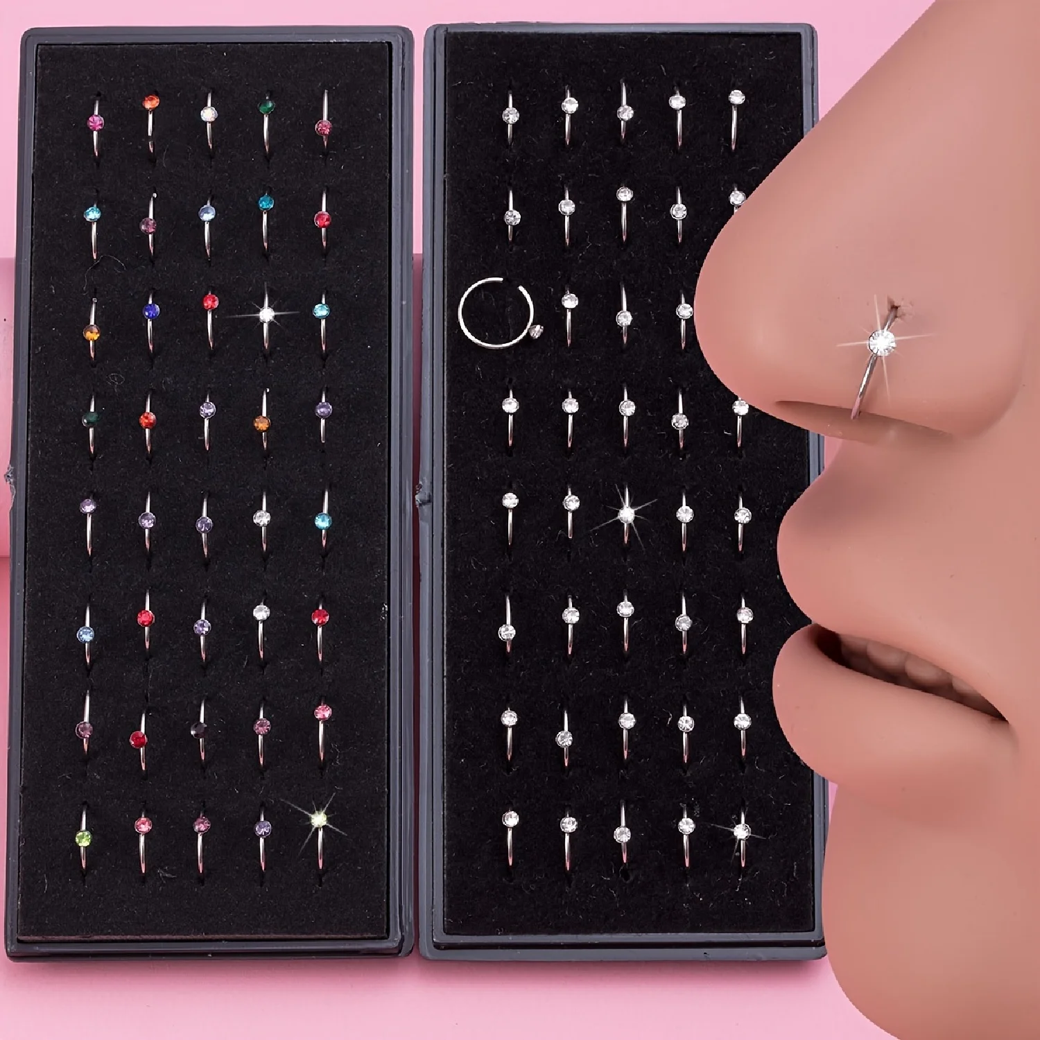40pcs/Box Sparkling Rhinestone Nose Rings Hypoallergenic Stainless Steel Nostril Piercing Jewelry with 8mm Diameter Cartilage