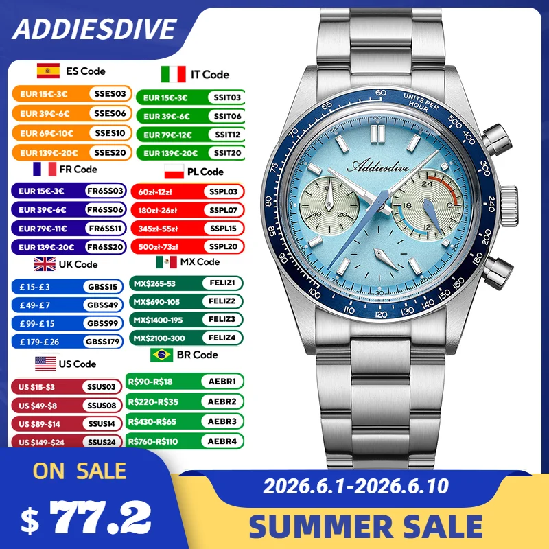 

ADDIESDIVE Men's Watches Bubble Glass 37mm Retro VK63 Chronography Quartz Watches Waterproof BGW9 Luminous Sports Wristwatch