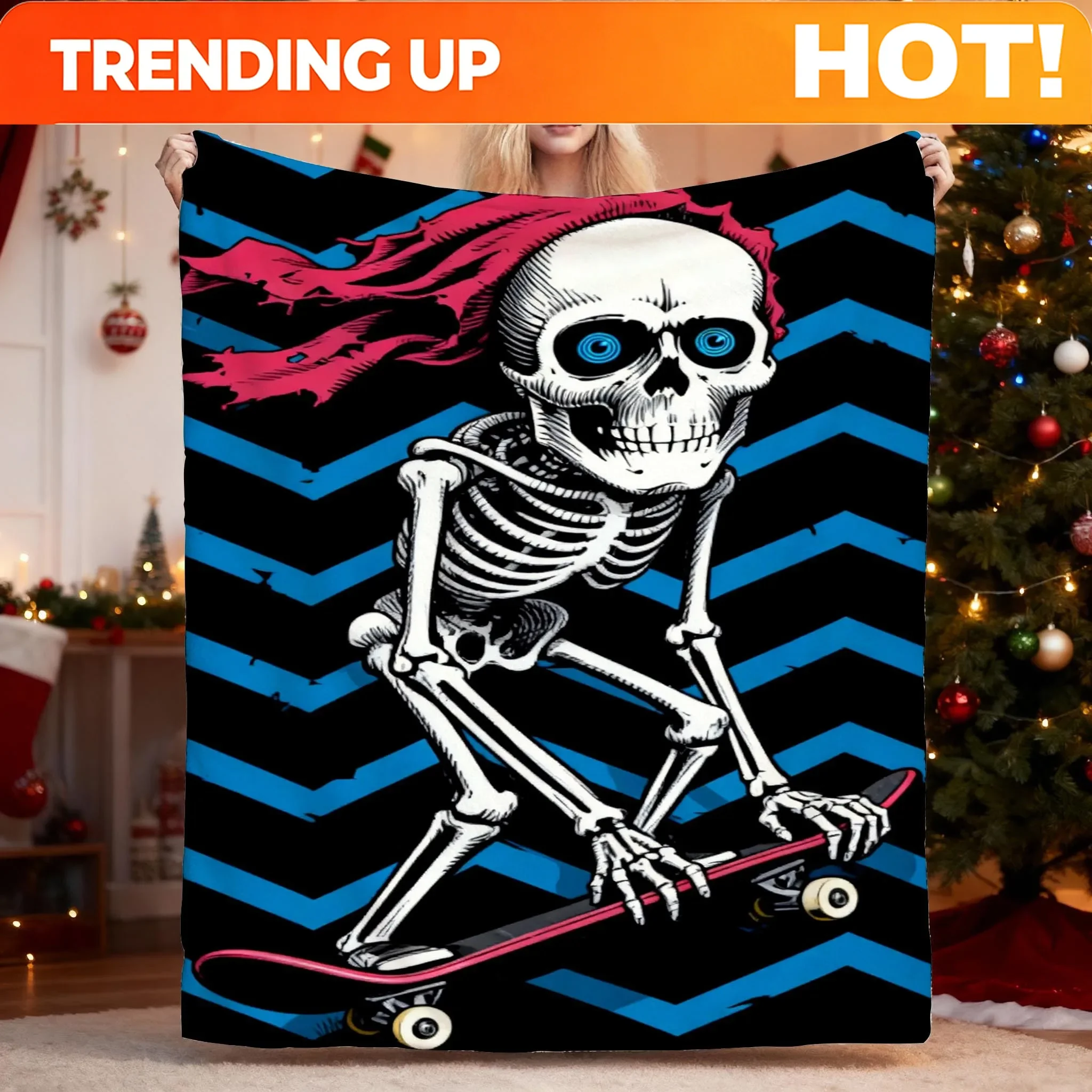 Custom Powell Peralta Skateboarding Skeleton Deck Printed Flannel Blanket - Soft, Warm Polyester, All-Season Use For Sofa, Offic